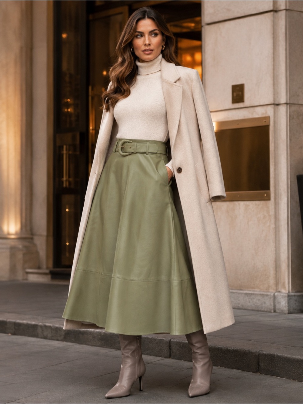 Haute Monde Olive Green High-Waist A-Line Midi Skirt with Belt
